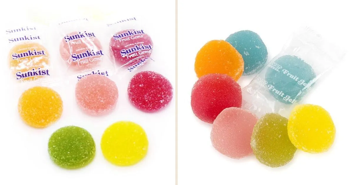 Sunkist Fruit Gems on the left and Clever Candy Fruit Jelly Jewels on the right, both soft, sugar-coated fruit jellies in individual wrappers